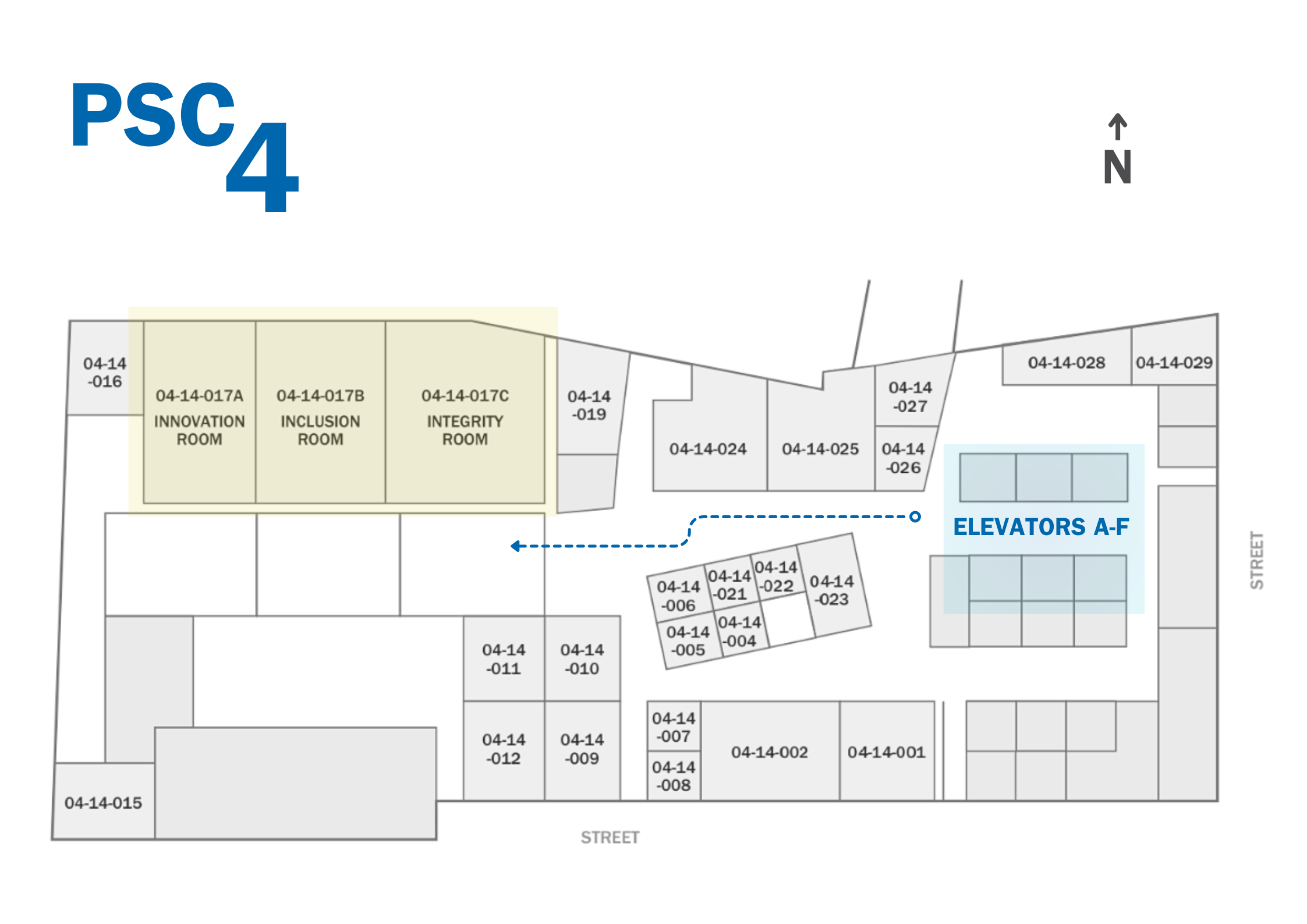 Map of the SickKids Patient Support Centre on Level 4, Highlighting the Innovation, Inclusion, and Integrity rooms in the Northwest corner